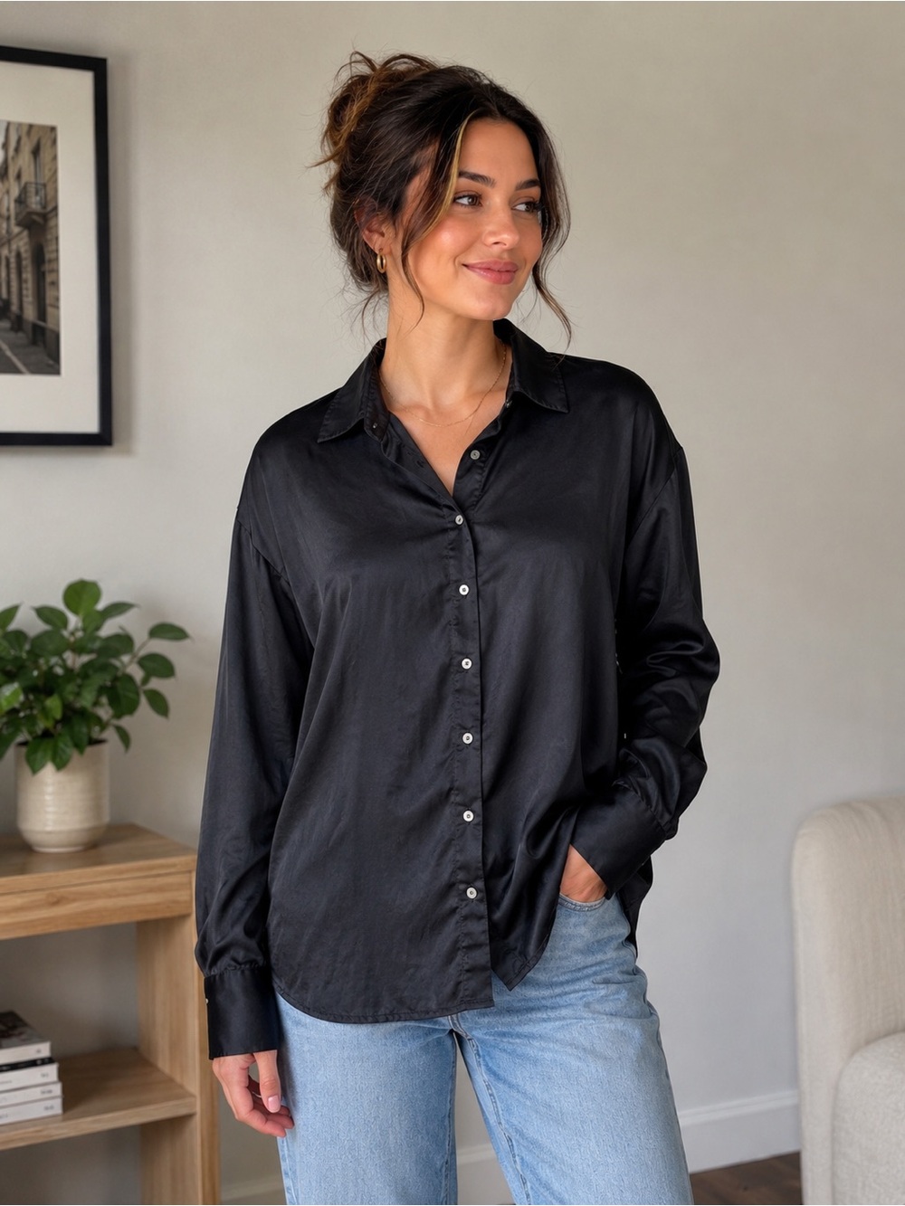 Forever 21 Black Satin Button-Down Shirt